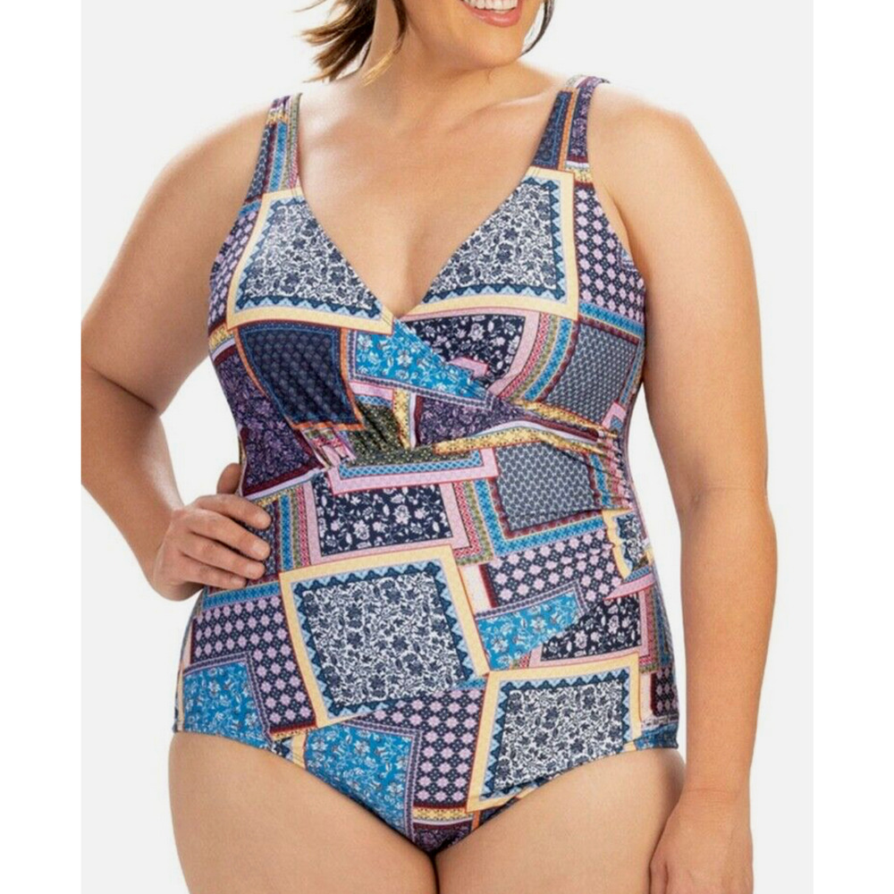 NEW DOLFIN AQUASHAPE BYZANTINE PRINT SURPLICE RUCHED ONE PIECE SWIMSUIT SZ 12